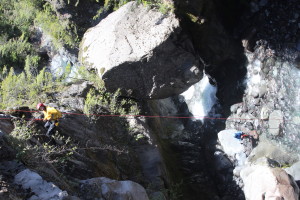 Ryan Drysdale is Repelling down a 75 foot cliff outside of Pucón, Chile